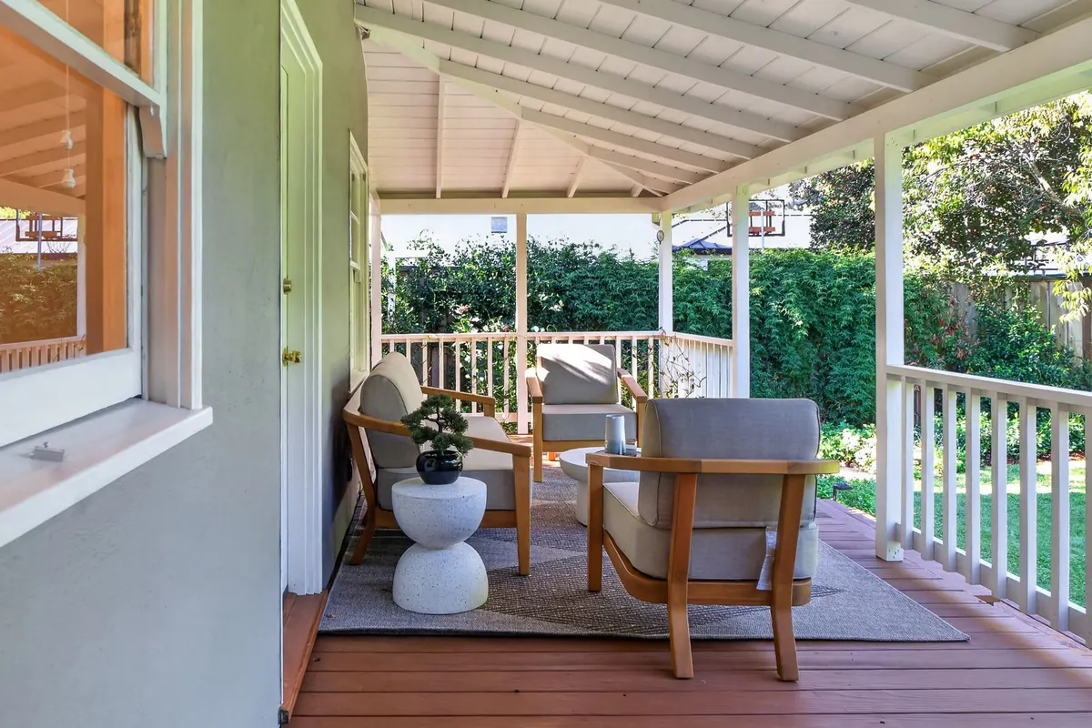 Covered back porch with seating
