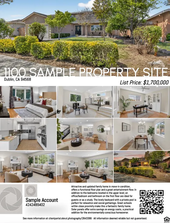 Listing flyer with a photo grid, description and QR code