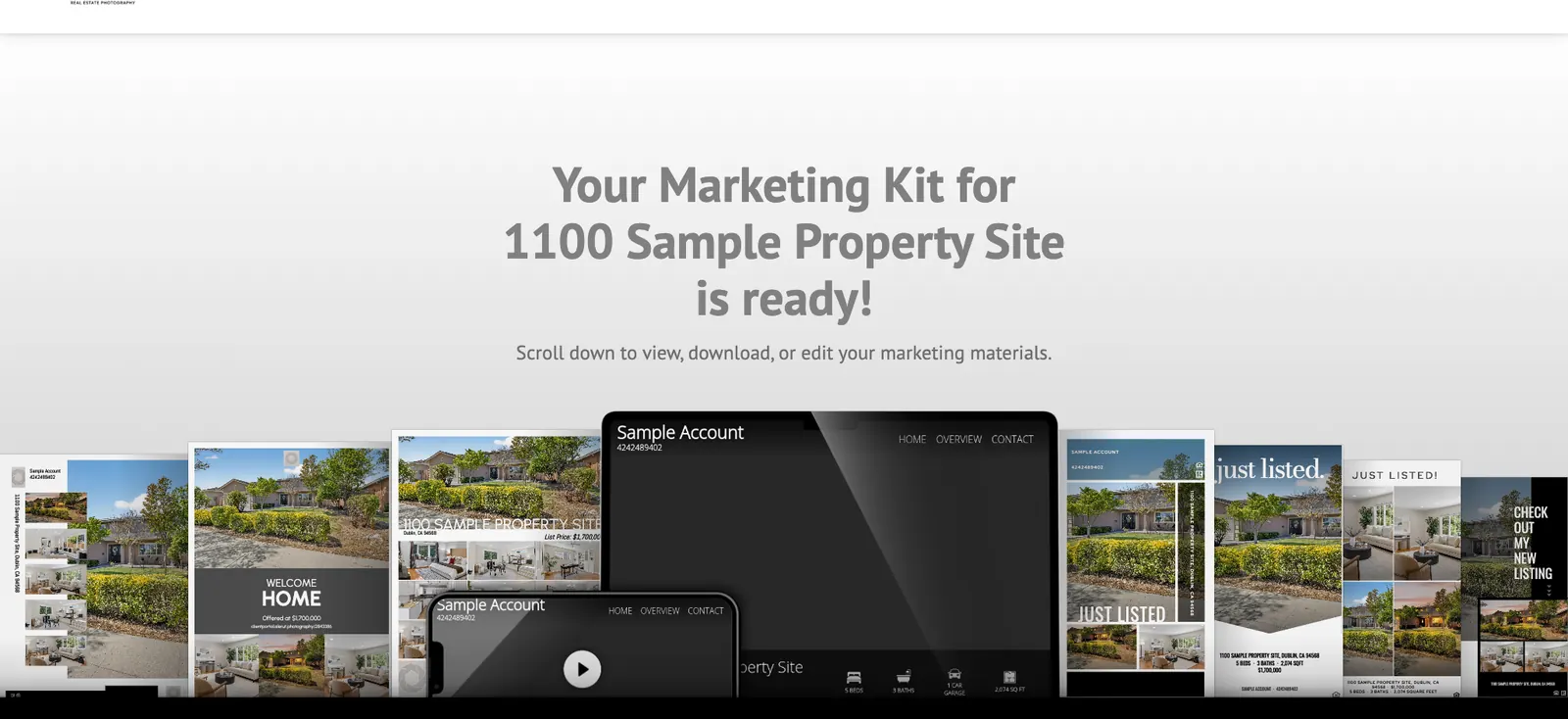 Marketing kit page showing a property website on a laptop and phone, flyers and social posts