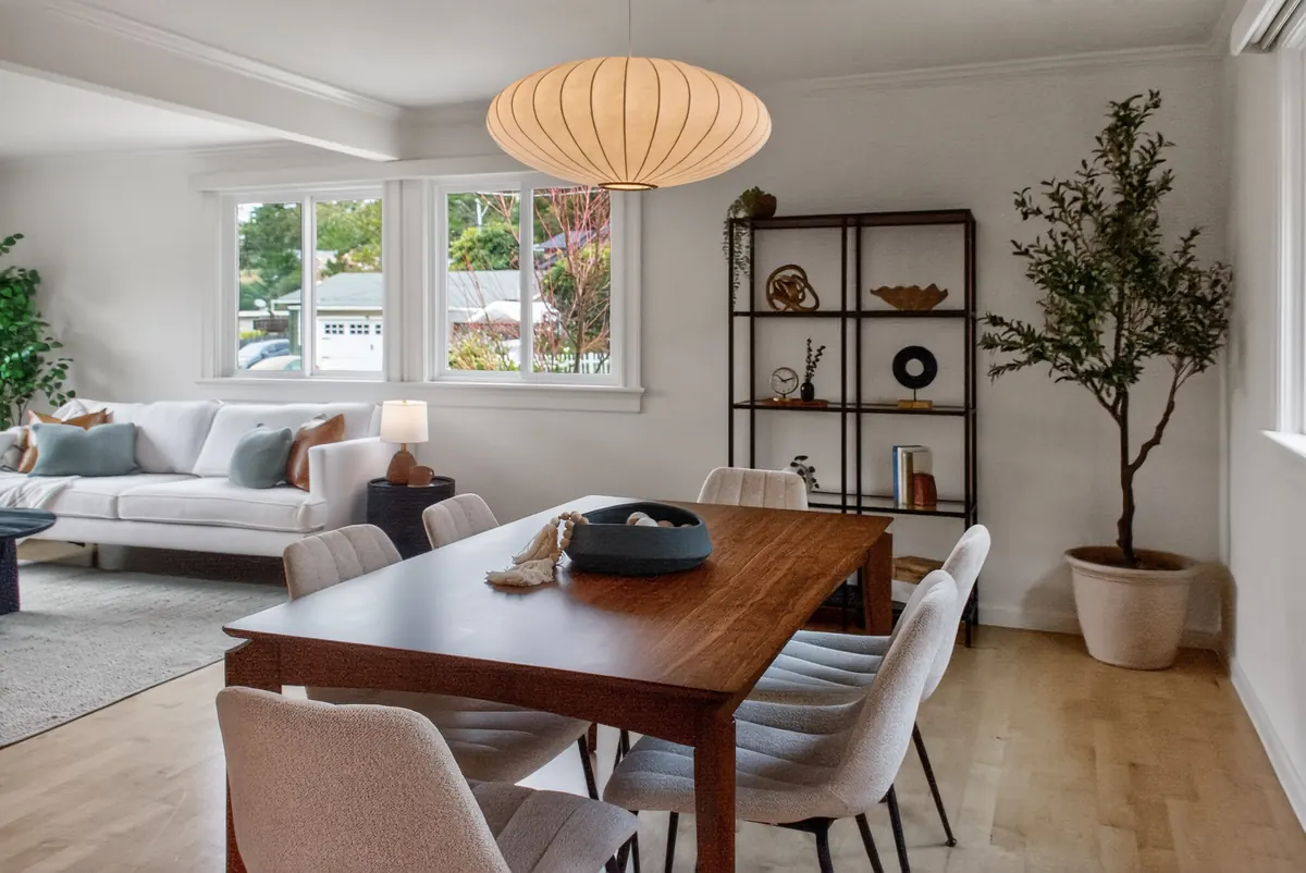 Dining room under a paper lantern pendant